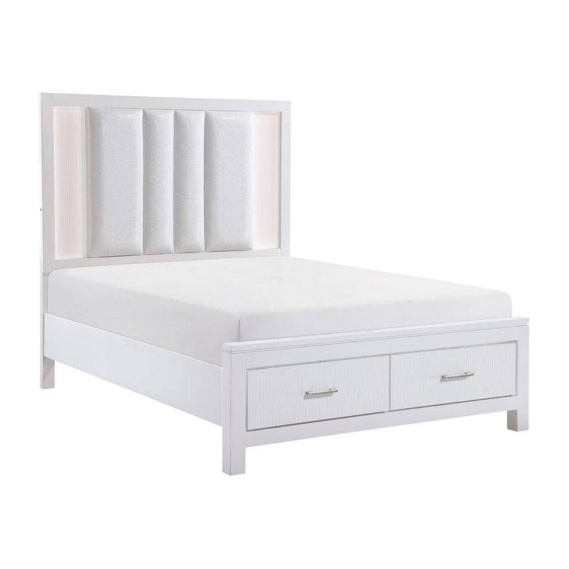 Marie Queen Storage Bed with LED Lighting - White/Silver