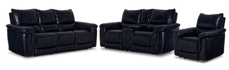 Aldridge Leather Dual Power Reclining Sofa, Loveseat and Recliner Set - Dark Blue
