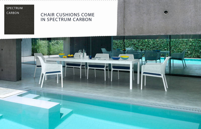 Table and Chairs: White <br>Cushions: Spectrum Carbon</br>
