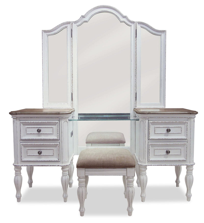 Aurelia 3-Piece Vanity Set with Lift-Top Stool - Antique White