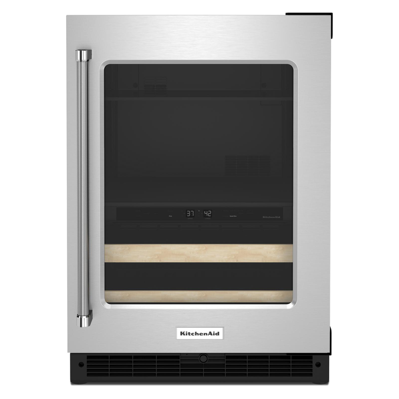KitchenAid Stainless Steel 24" Beverage Center with Glass Door and Wood-Front Racks (4.89 Cu.Ft) - KUBR214KSB