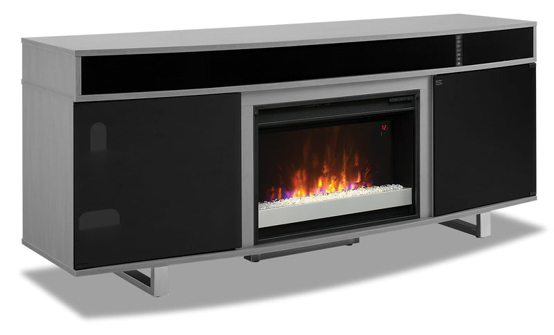 Edison 72" TV Stand with Glass Ember Firebox and Soundbar - Grey