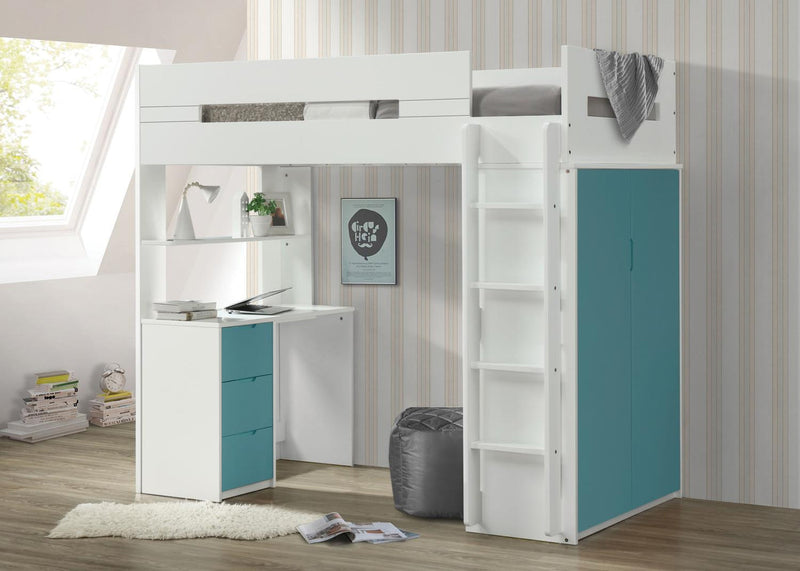 Mangana Twin Loft Bed with Bookcase - White/Teal