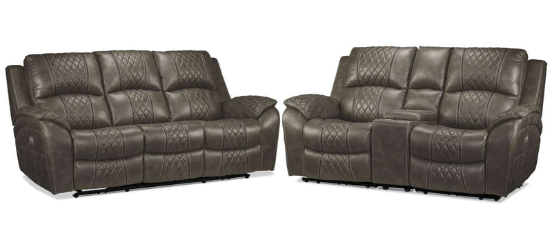 Kalinan Dual Power Reclining Sofa and Dual Power Reclining Loveseat with Console - Granite