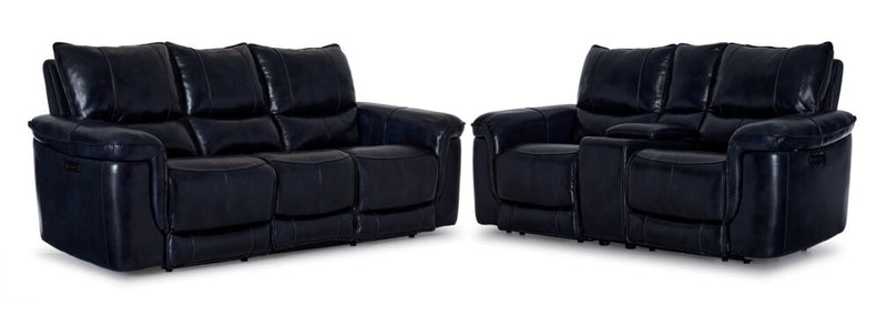Aldridge Leather Dual Power Reclining Sofa and Loveseat with Console Set - Dark Blue