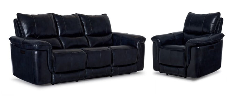 Aldridge Leather Dual Power Reclining Sofa and Recliner Set - Dark Blue