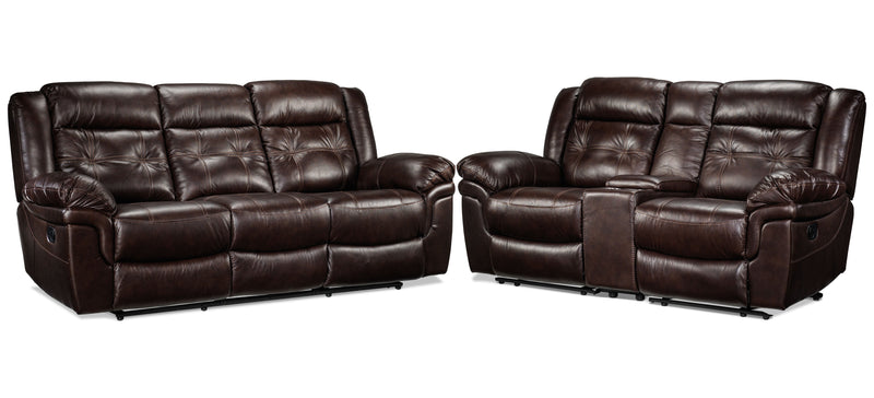 Leighland Reclining Sofa and Reclining Loveseat with Console Set - Brown