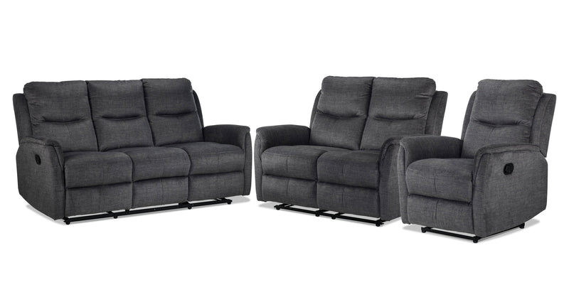 Glenmore Reclining Sofa, Reclining Loveseat and Recliner Set - Charcoal