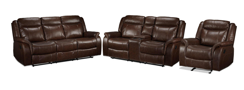 Robson Reclining Sofa, Reclining Loveseat and Glider Recliner Set - Whiskey Brown