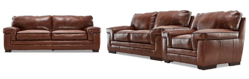 Colton Genuine Leather Sofa, Loveseat and Chair Set - Cognac