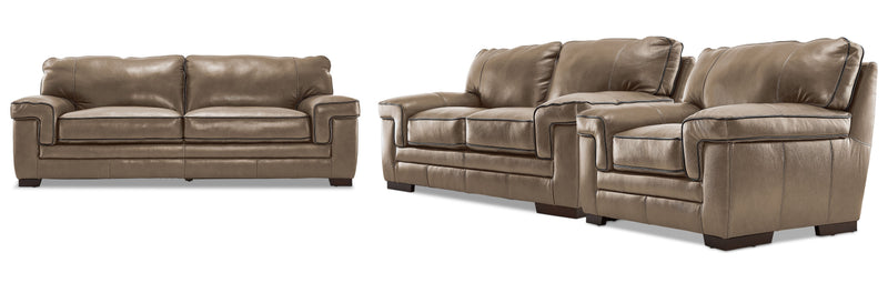 Colton Genuine Leather Sofa, Loveseat and Chair Set - Buff