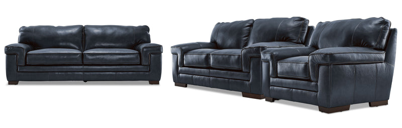 Colton Genuine Leather Sofa, Loveseat and Chair Set - Cobalt