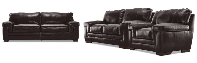 Colton Genuine Leather Sofa, Loveseat and Chair Set - Coffee