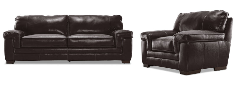 Colton Genuine Leather Sofa and Chair Set - Coffee