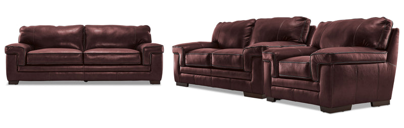 Colton Genuine Leather Sofa, Loveseat and Chair Set - Salsa