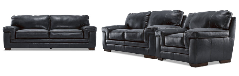 Colton Genuine Leather Sofa, Loveseat and Chair Set - Charcoal