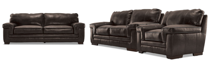 Colton Genuine Leather Sofa, Loveseat and Chair Set - Hazelnut