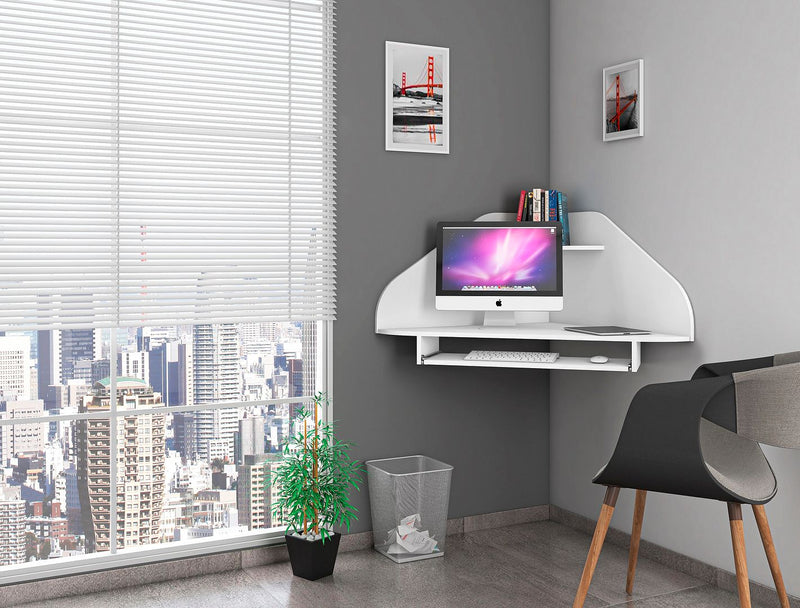 Gatutca Floating Corner Desk With Keyboard Shelf - White