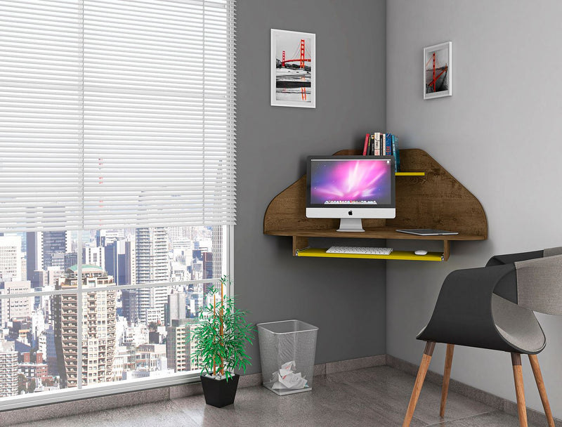 Gatutca Floating Corner Desk With Keyboard Shelf - Rustic Brown/Yellow