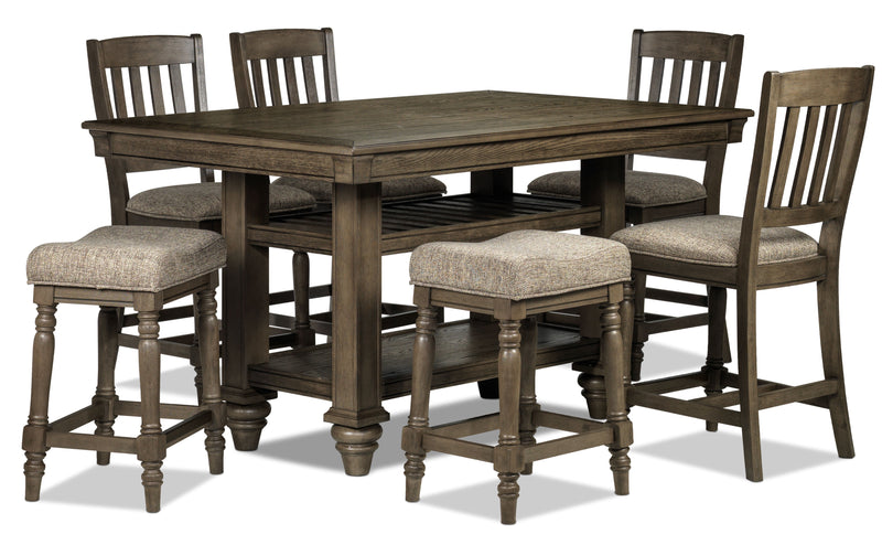 Lynnhaven 7-Piece Counter-Height Dining Room Set with 2 Counter Backless Stools - Roasted Oak