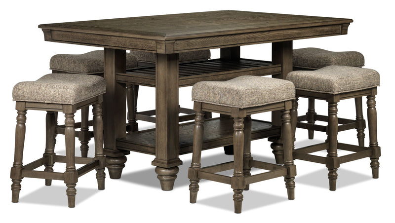 Lynnhaven 7-Piece Counter-Height Dining Room Set with 6 Counter Backless Stools - Roasted Oak