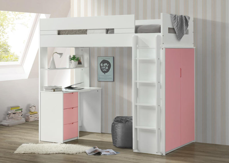 Mangana Twin Loft Bed with Bookcase - White/Pink