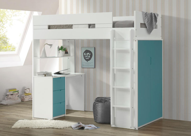 Mangana Twin Loft Bed with Bookcase - White/Teal - OLD