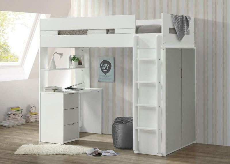 Mangana Twin Loft Bed with Bookcase- White/Grey
