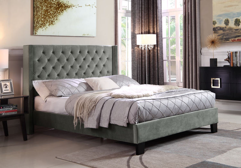 Olsen Tufted Velvet Platform Queen Bed - Grey lifestyle image of bed showing bed in a room
