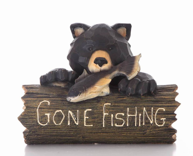 Bear Gone Fishing Statue - Black/ Brown