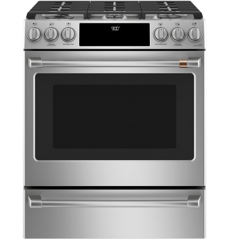 Café™ Stainless Steel 30" Slide-In Front Control Dual-Fuel Convection Range with Warming Drawer (5.7 Cu.Ft) - CC2S900P2MS1