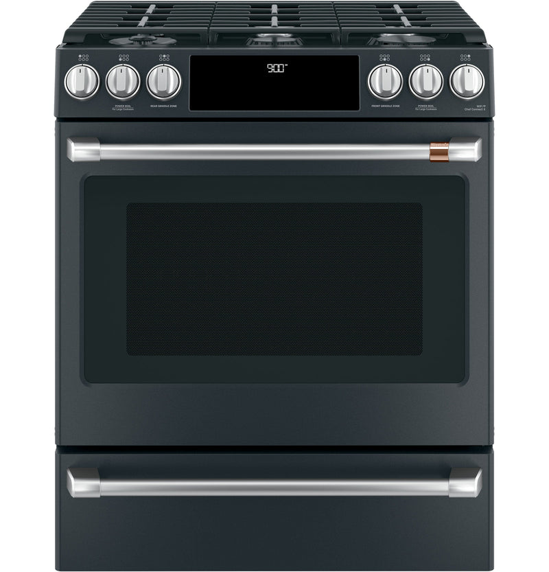 Café™ Matte Black 30" Slide-In Front Control Dual-Fuel Convection Range with Warming Drawer (5.7 CU.Ft) - CC2S900P3MD1