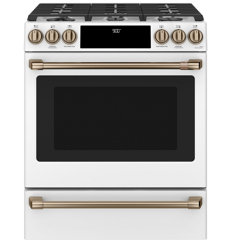 Café™ Matte White 30'' Slide-In Front Control Dual-Fuel Convection Range with Warming Drawer (5.7 Cu.Ft) - CC2S900P4MW2