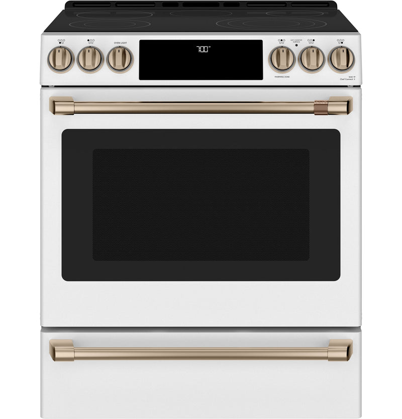 Café™ Matte White 30'' Slide-In Front Control Radiant and Convection Range with Warming Drawer (5.7 Cu.Ft)- CCES700P4MW2