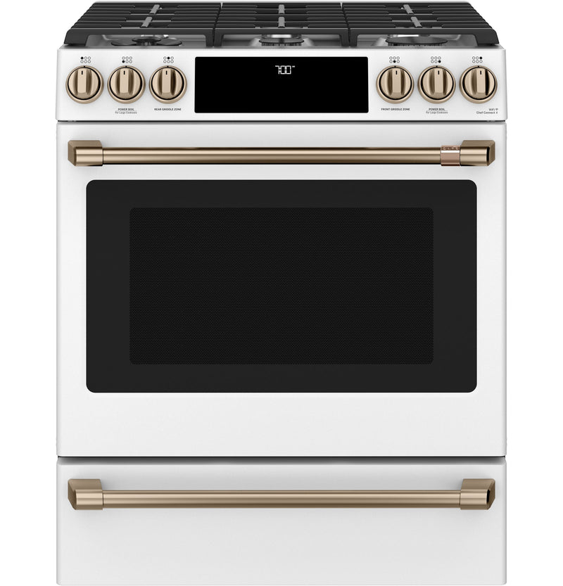 Café™ Matte White 30'' Slide-In Front Control Gas Oven with Convection Range (5.6 Cu.Ft) - CCGS700P4MW2