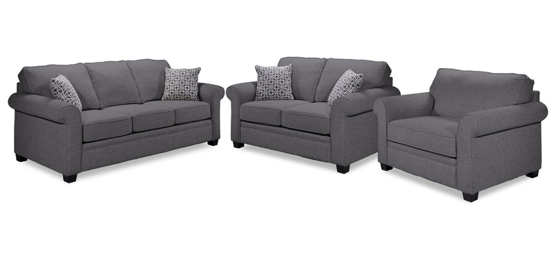 Rykneld Sofa, Loveseat and Chair Set - Charcoal