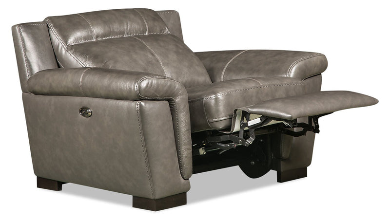 Hughes Genuine Leather Power Recliner - Grey