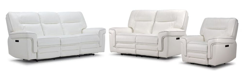 Carwell Dual Power Reclining Sofa, Dual Power Reclining Loveseat and Power Recliner Set - White