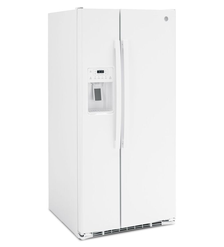 GE White 33" Side-by-Side Refrigerator with Ice & Water Dispenser (23 Cu. Ft.)- GSS23GGPWW