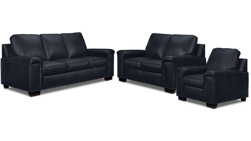 Webster Leather Sofa, Loveseat and Chair Set - Navy