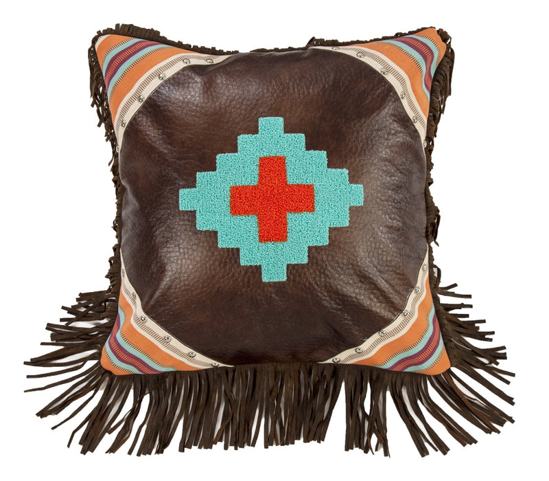 Libertad Fringe Faux Leather Decorative Pillow - Brown/Turquoise