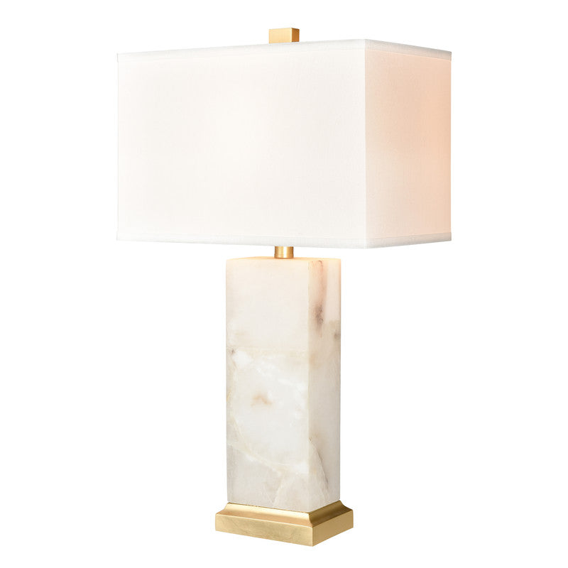 Leira Stone Table Lamp - White/White Faux Silk Hardback Shade