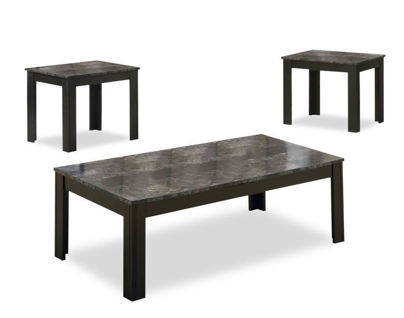 Bloom 3-Piece Coffee and Two End Tables Package - Black with Grey Marble-Look