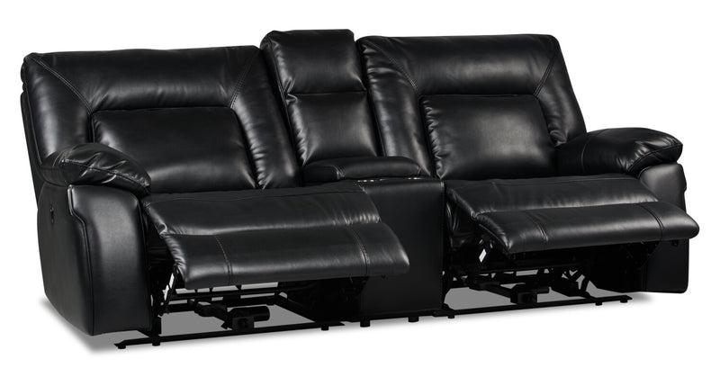 Mothel Leather-Look Fabric Power Reclining Loveseat with Console - Black
